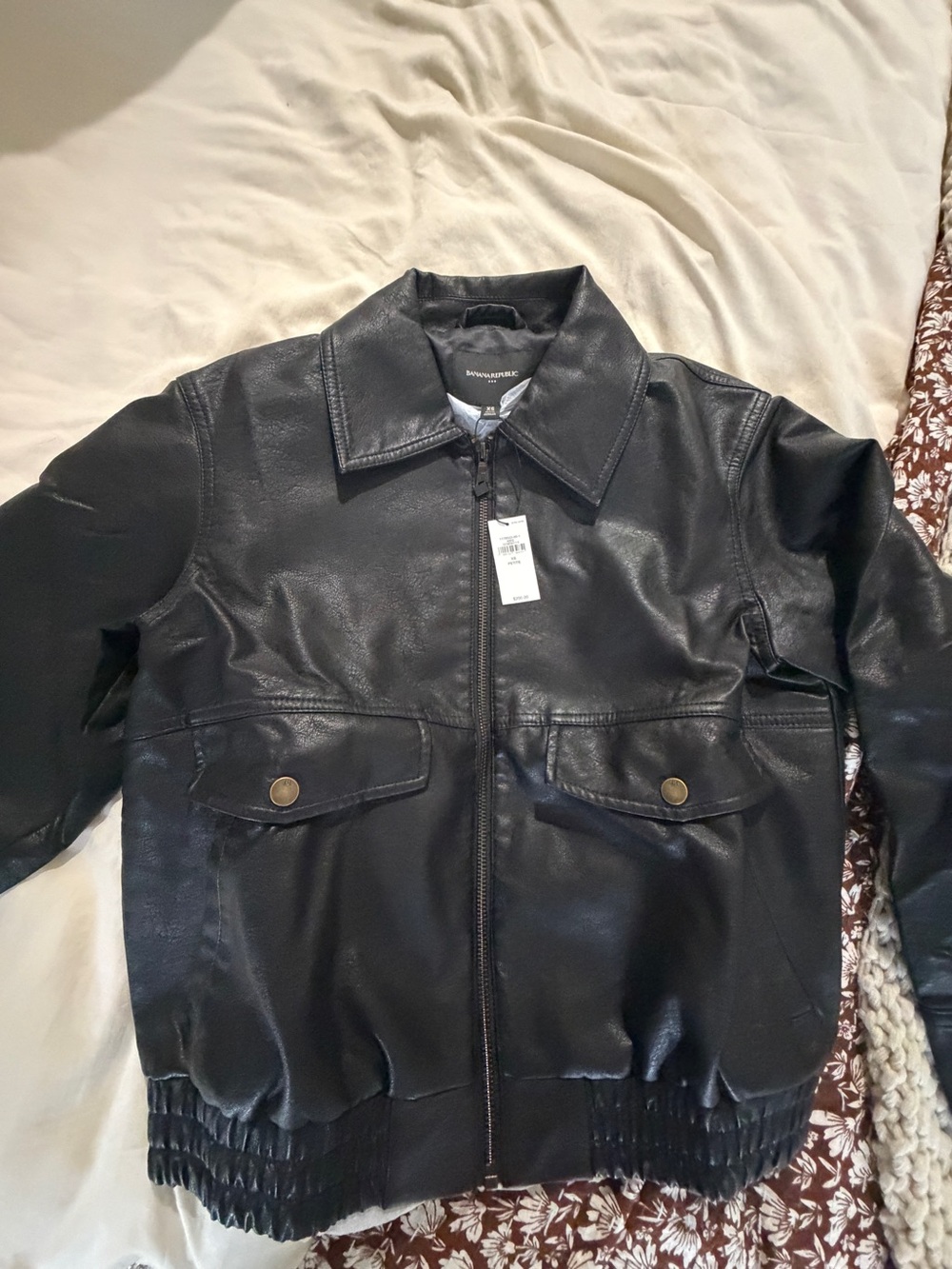 Banana Republic Black Faux Leather Bomber Jacket with Flap Pockets